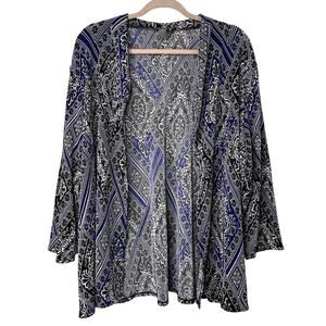 Sz 3 XL Chicos Travelers Blue White Ribbed Open Front Kimono Cardigan 3/4 Sleeve